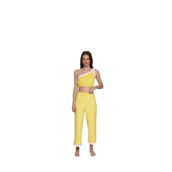 New Jordan Set Terry Lemon Crop Top & Pants Elastic Waist Rickrack Details Large - Picture 2 of 9